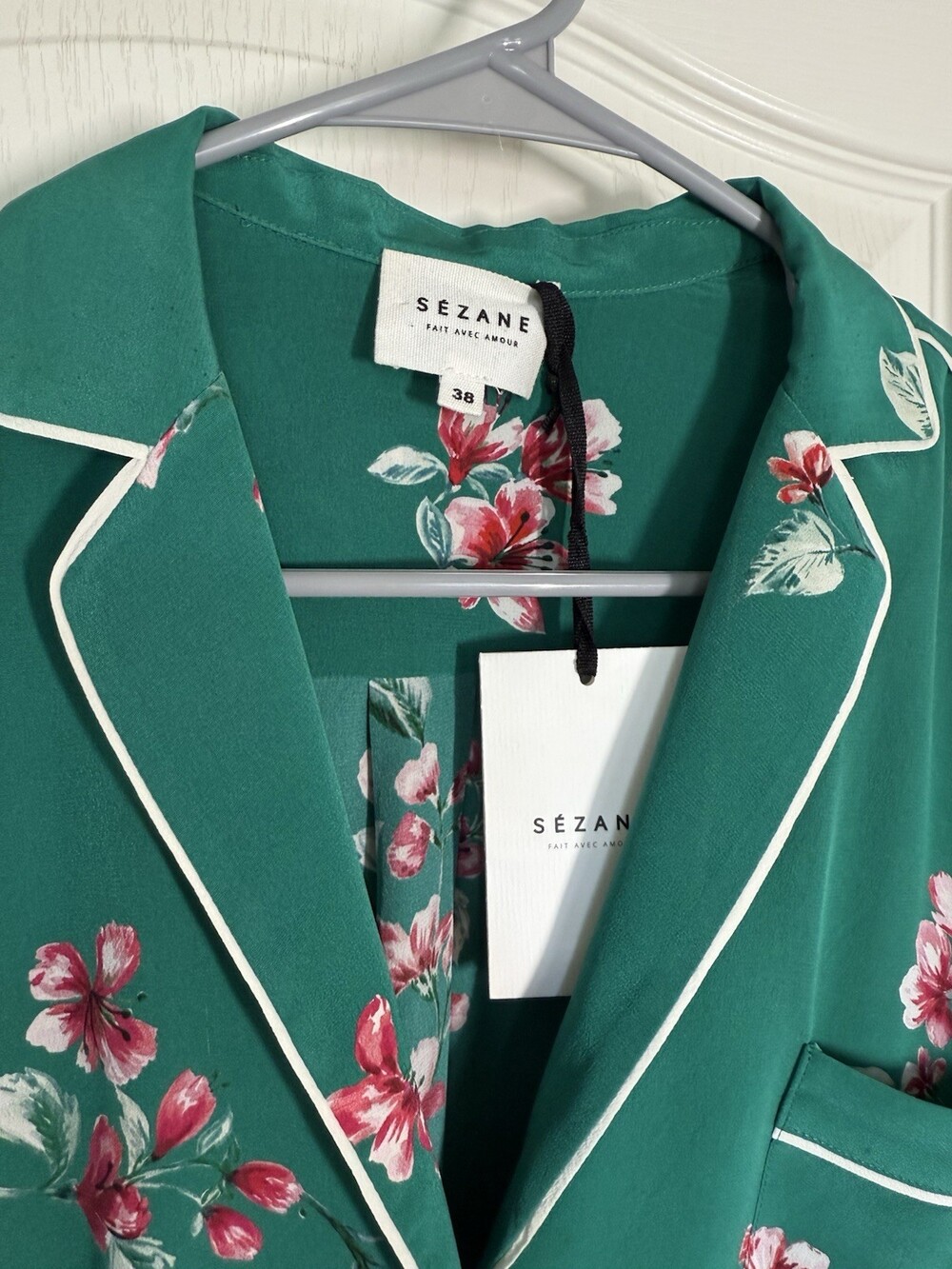 🪷NWT Sezane Elisa Silk Shirt Blouse Green Pink Floral Women's US 6/8 FR 3 - Picture 2 of 7